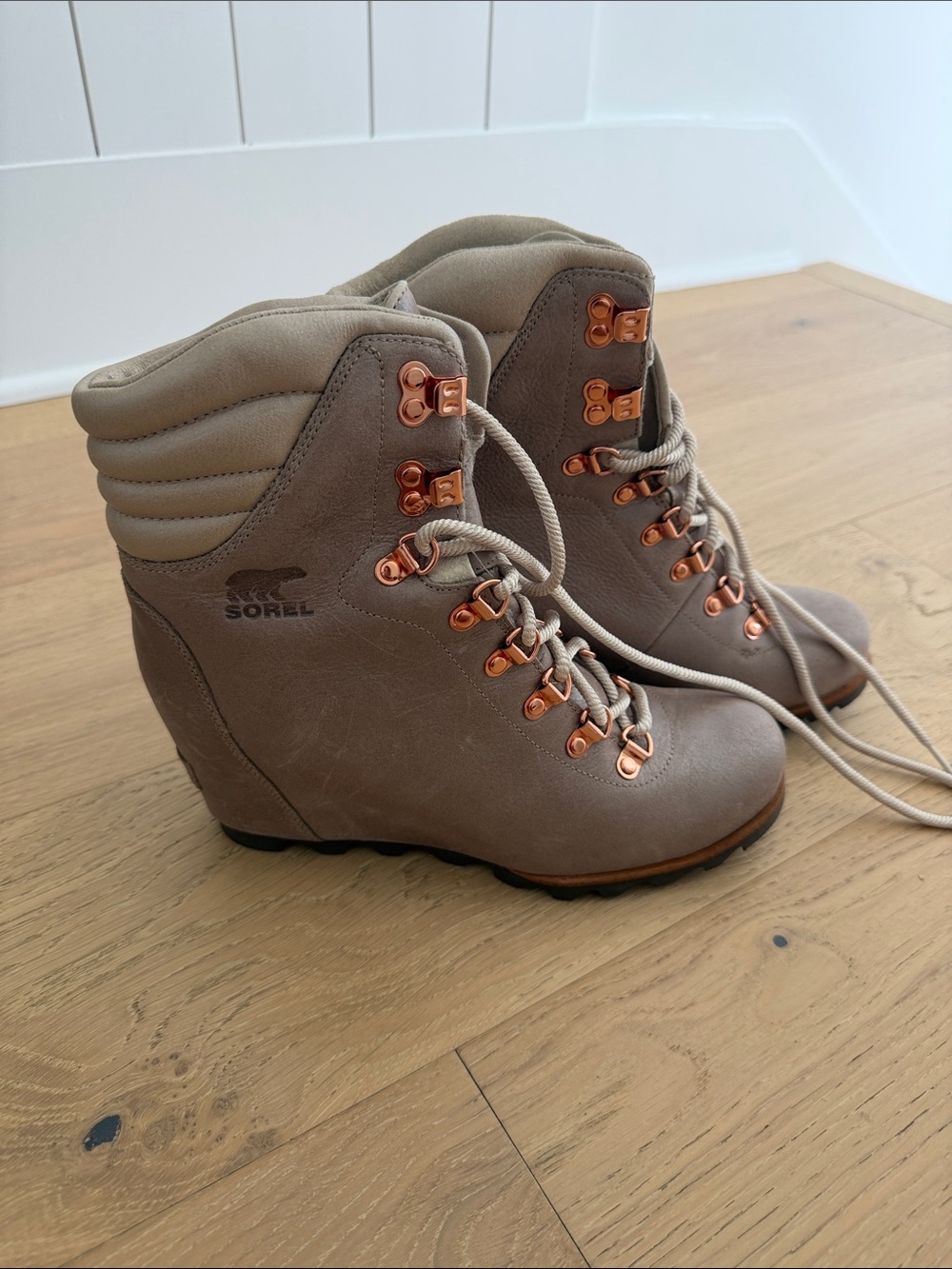 Sorel Women's Taupe Wedge Hiking Boots with Copper Hardware